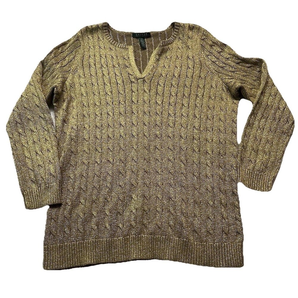 Ralph Lauren LRL Sweater Womens 1X Plus Gold Metallic Chunky Cable Knit Preppy